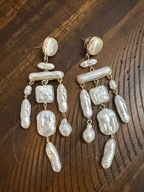 Handcrafted White Baroque Pearl Drop Earrings - Gold Tone